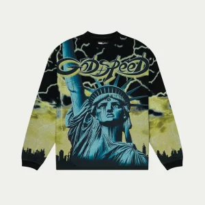 Godspeed Sweatshirt Yellow Lightning Statue of Liberty Graphic Black