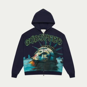 Godspeed Hoodie Statue of Liberty Water Graphic Zip Up Navy