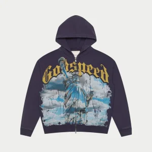 Godspeed Hoodie Statue of Liberty Sky Graphic Zip Up Navy