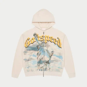 Godspeed Hoodie Statue of Liberty Sky Graphic Zip Up Cream