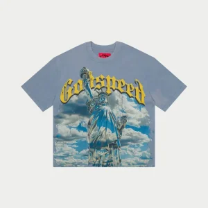 Godspeed T Shirt Statue of Liberty Graphic Sky Blue