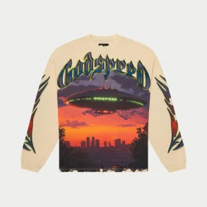 Godspeed UAP Bone Long Sleeve T-Shirt UFO Graphic Sunset City Streetwear Oversized Tee