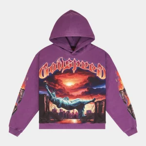 Godspeed Hoodie Sunset Statue of Liberty Graphic Pullover Purple