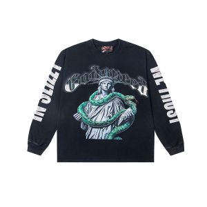 Godspeed Black Washed Sweatshirt Statue of Liberty Snake Graphic Vintage Streetwear Crewneck