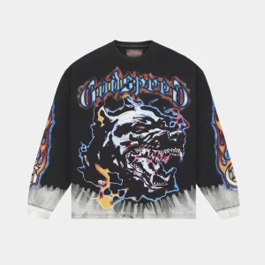 Godspeed Sweatshirt Flame Wolf Graphic Washed Black