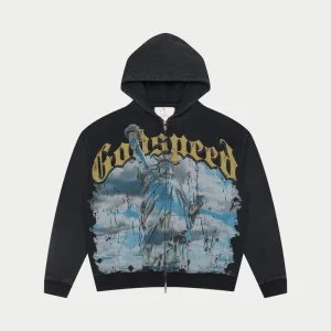 Godspeed Hoodie Statue of Liberty Sky Graphic Zip Up Black