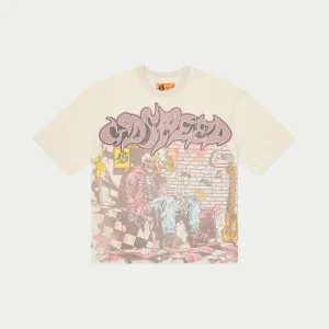 Godspeed T Shirt Skeleton Street Scene Graphic Cream
