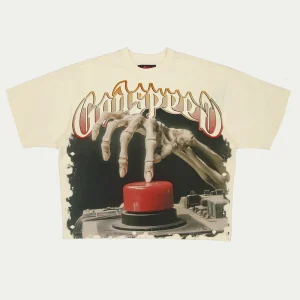 Godspeed T Shirt Skeleton Red Button Graphic Cream