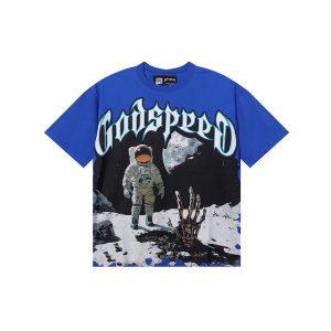 Godspeed T Shirt Astronaut Moon Graphic Blue