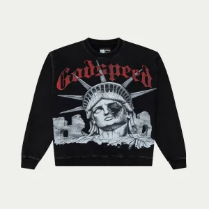 Godspeed Sweatshirt Statue of Liberty Distressed Graphic Black