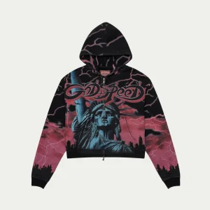 Godspeed Hoodie Pink Lightning Statue of Liberty Zip Up Black