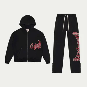 Godspeed Sweatsuit Gothic Logo Zip Up Hoodie and Sweatpants Set Black Red